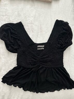Urban Outfitters Black Smocked Puff-Sleeve Peplum Top